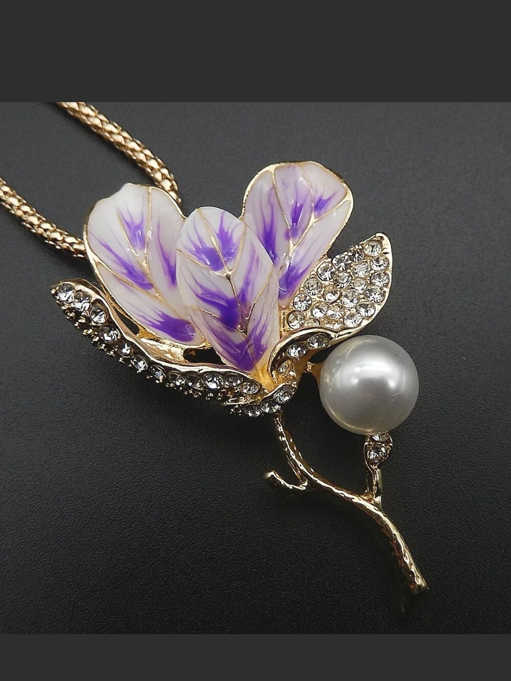 Betsey Johnson Gold-Tone Floral Pendant Necklace with Purple and White Enamel